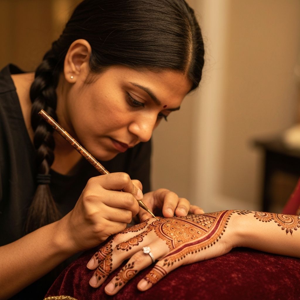Mehndi artist applying intricate henna design on bride's hands