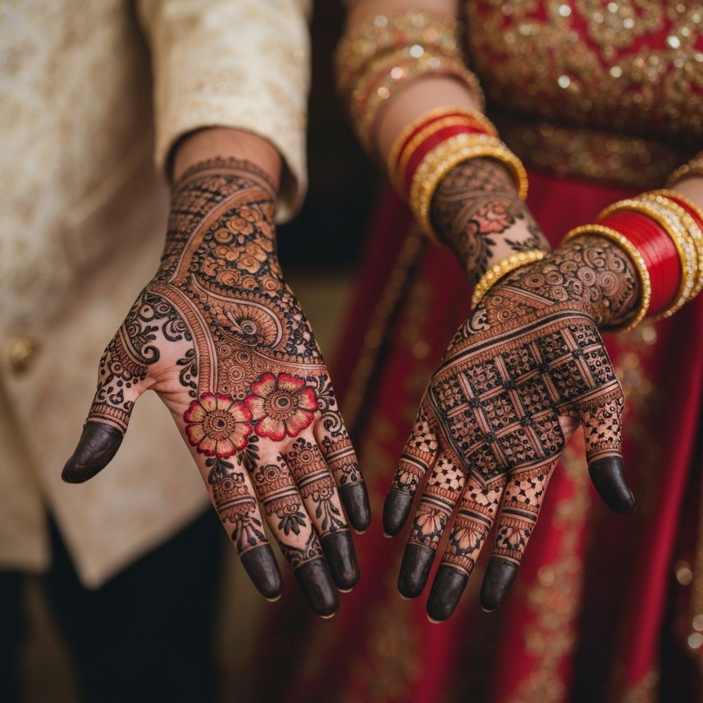 Bridal mehndi design with groom bride portrait